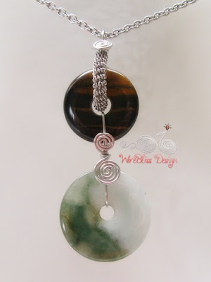 wire wrapped double donuts pendant - tiger eye and jade